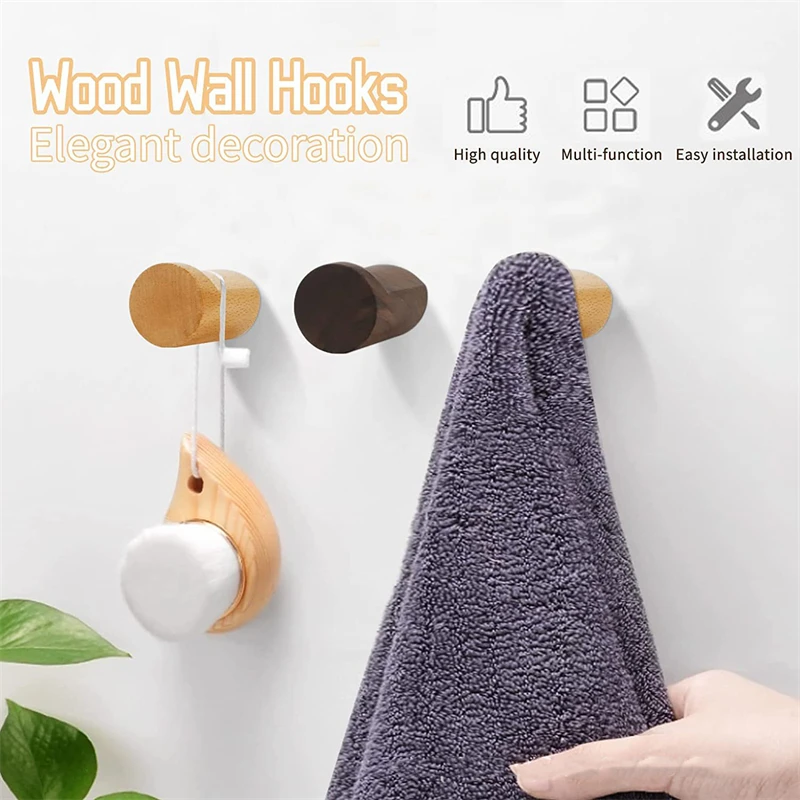 2/4/6PCS Wood Wall Hook Clothes Coat Hanger Key Holder Hat Bag Scarf Towel Storage Hanging Rack Wall Mounted Bathroom Organizer