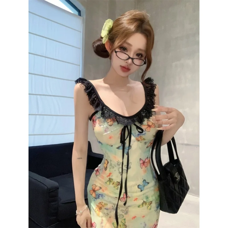 

Desire Style Print Strap Dress Women Summer New Sweet and Spicy Waist-Cinching Vacation Casual Long Dress