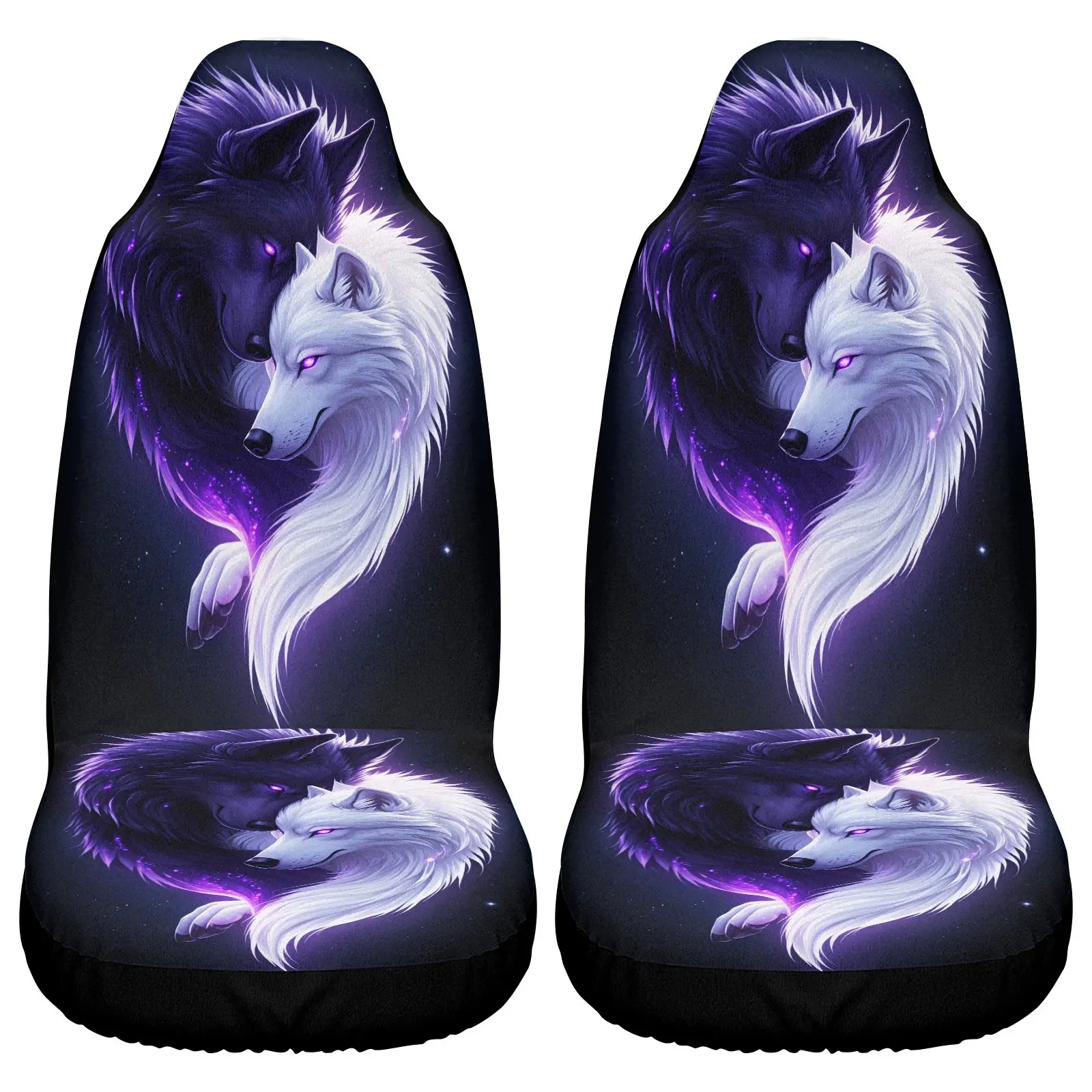 2pcs Car Seat Covers | Car Seat Covers Black With Purple And White Wolf Print For Car Interior Decoration