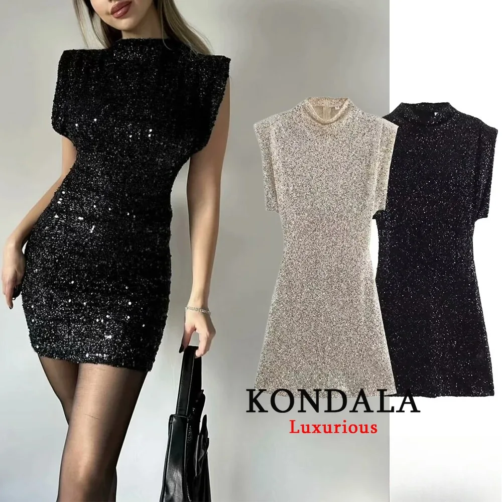 TRAFZA-Mini Robe de Soirée Noire à Paillettes pour Femme, Tenue Chic, Brillante, Élégante, à la Mode, 2024