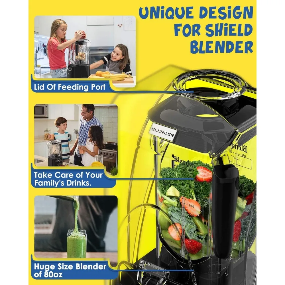 Blender komersial tenang dengan pelindung kedap suara, Blender profesional 2200 Watt untuk dapur dengan toples 80oz dan pembersihan sendiri