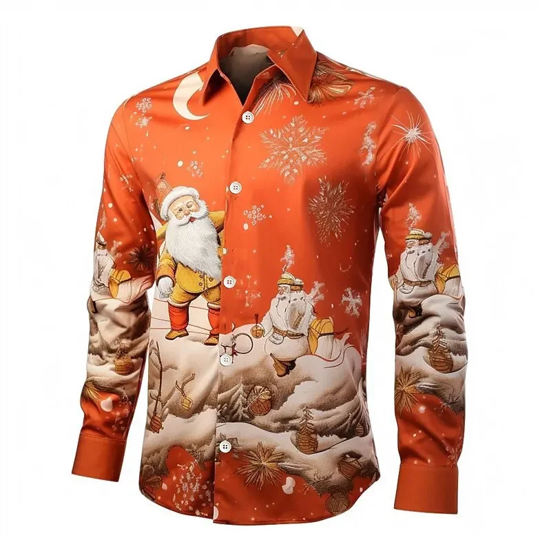 

Santa Claus New Year Long Sleeve Shirt Festive Casual Men's Shirt Loose Lapel Cardigan Top Men's Christmas Shirt