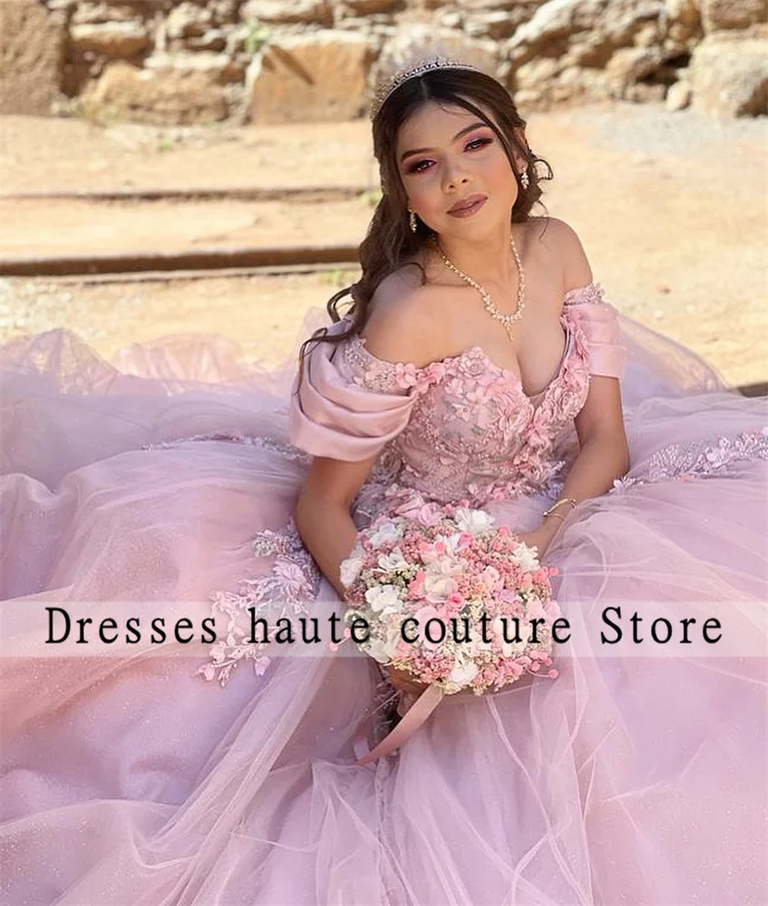 Pink Lace Appliques Quinceanera Dresses Ball Gown 2024 Off The Shoulder Beaded Sweet 16 Dress Formal Princess Party Dress