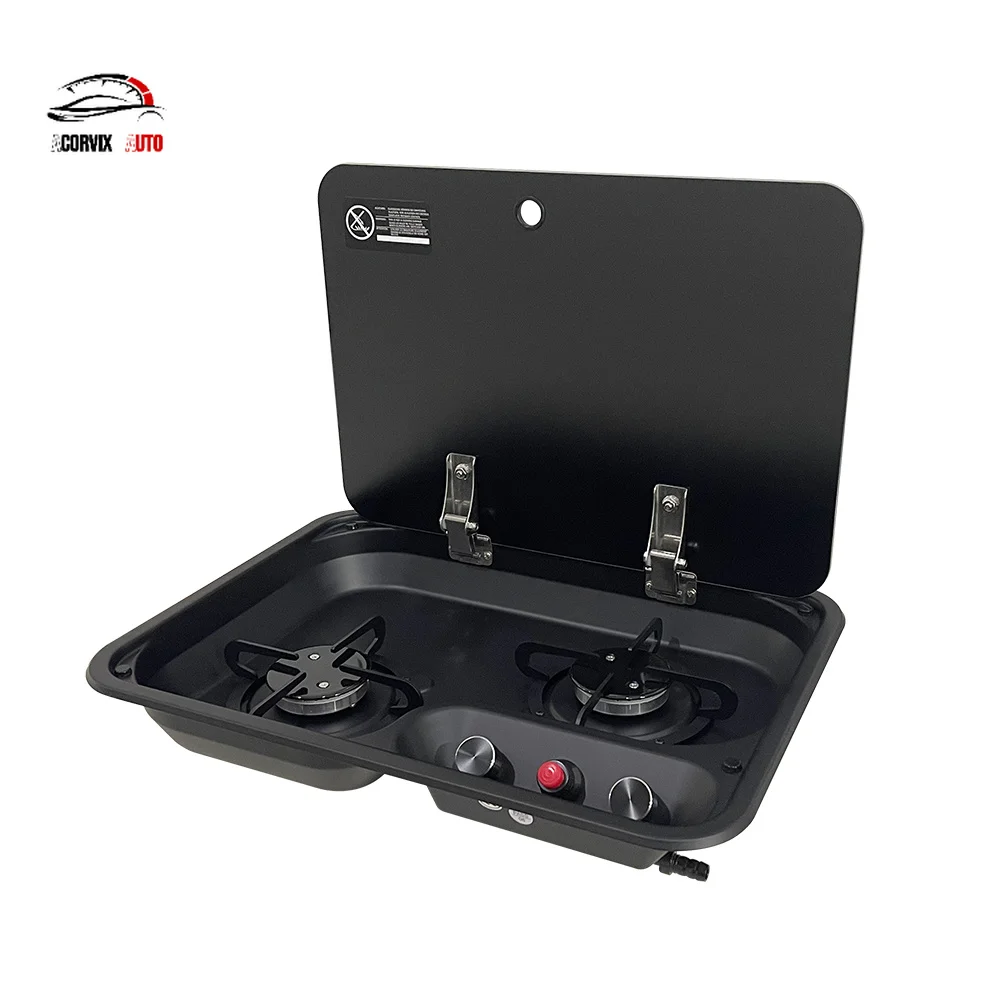 RV Gas Stove 2 Burner Built-in Cooktop Tempered Glass Lid, LPG Propane Gas Range Nano-Coated for Camper Motorhome Kitchen