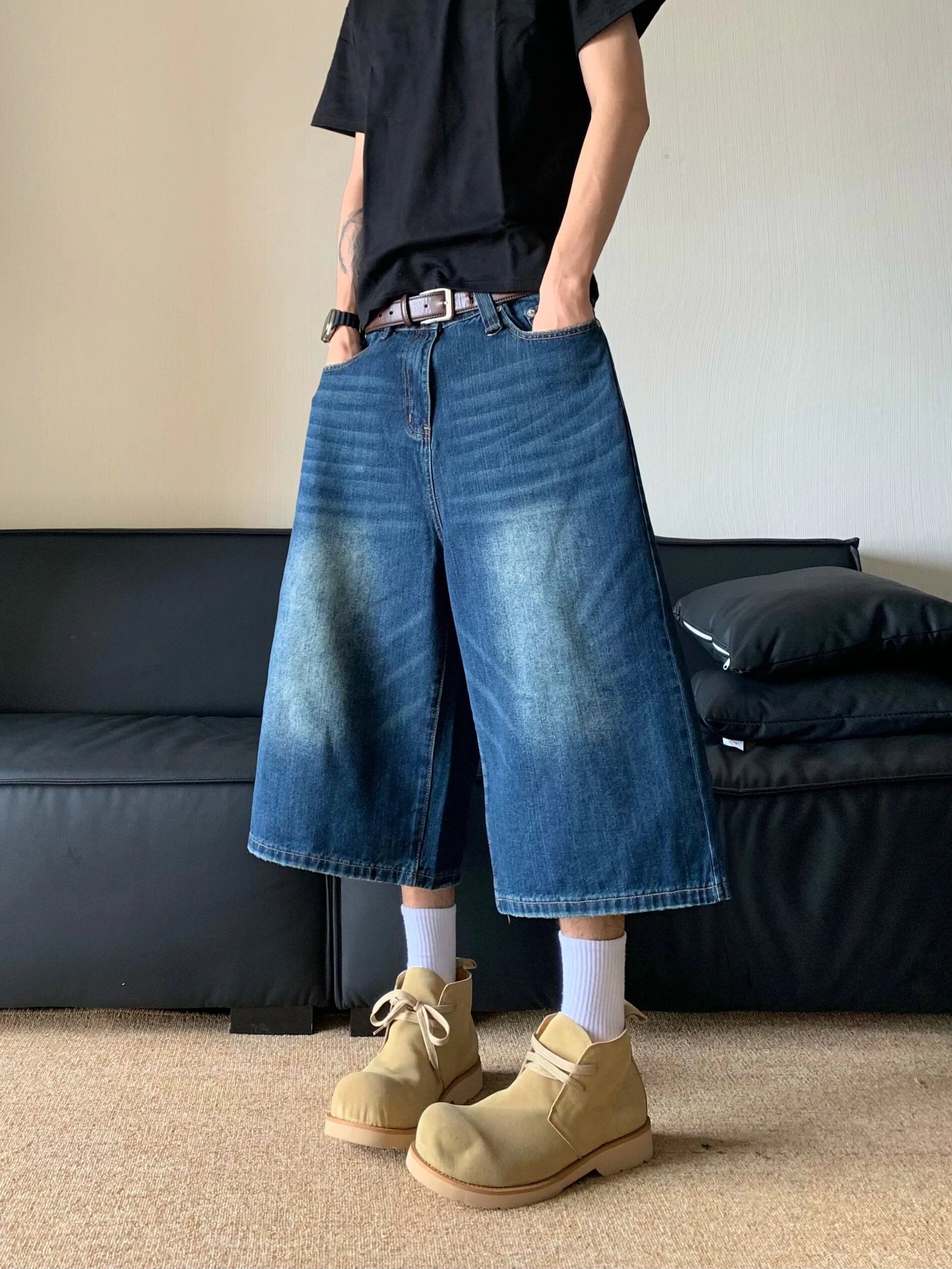 Washed Colossus Jorts Hip Hop Wide Leg Knee Length Shorts New Fashion Denim Calf-Length Pants