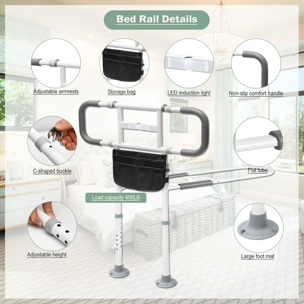 Bed Rails for Elderly Adults Safety, Adjustable Heights Bed Assist Rails for Seniors, Storage Pocket,Handle Handrails