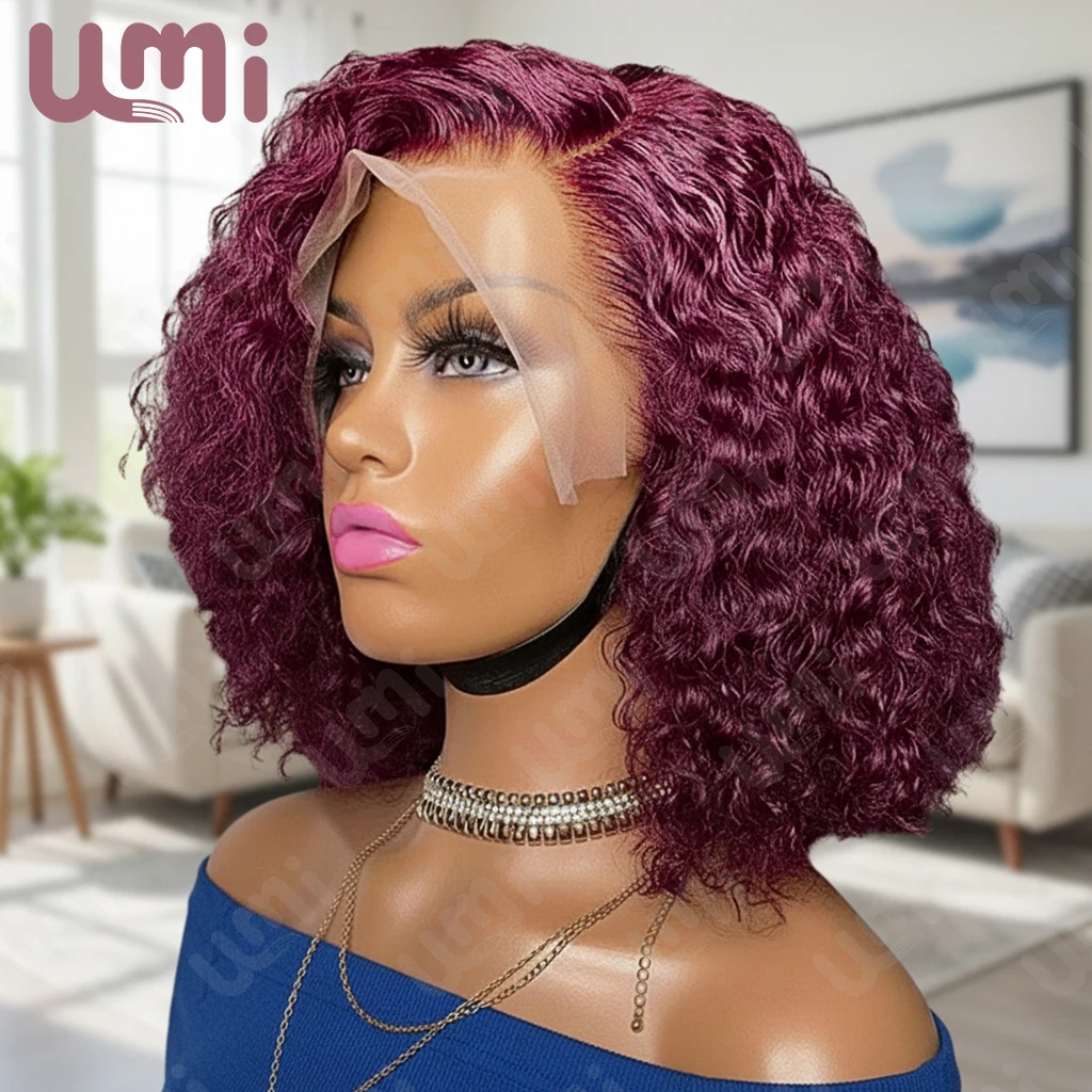 

Umi 13x4 HD 99J loose short Bob Wig Transparent Lace Frontal wigs Brazilians Remy 300% Density real 100% Human Hair 8-16 Inch