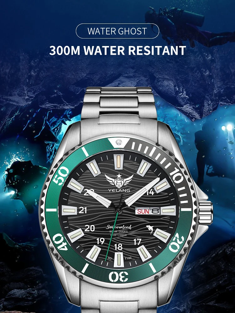 YelangV1213S Diving Solar Watch Luminous Japan VS43 Movement Waterproof Wristwatch 30Bar Sapphire Lume Reloj Crystal Water Ghost