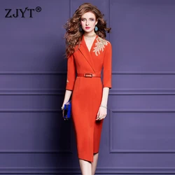 ZJYT Office Lady Beading Blazer Pencil Dresses for Women Elegant Business Chic Spring Midi Dress Plus Size Female Clothing Party