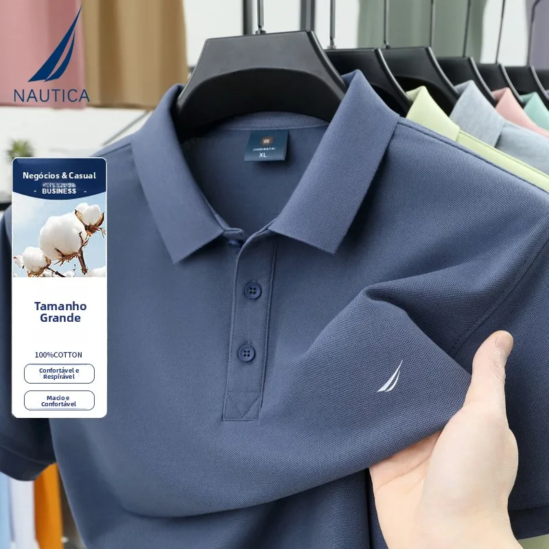 Camisa  Masculina Nautica Plus Size de Algodão Manga Curta Cor Sólida Respirável Confortável para Uso Casual de Negócios