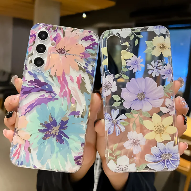 Flowers Transparent Case for Samsung S23 Ultra FE S22 Plus A13 A14 A23 A24 A34 A52 A53 A54 Soft Clear Bumper Hard Acrylic Cover