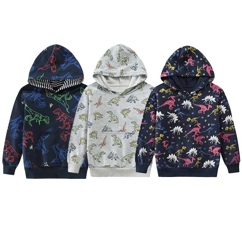 Little Hand Boys Hoodie 2‑7Y Long Sleeve Kids Hooded Sweatshirt Full Dinosaur Print Front Pocket Casual Boys Tops Spring Autumn