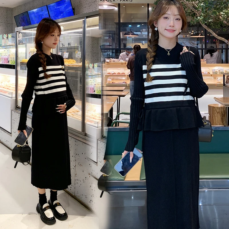 2024 Spring Maternity Knit Dress Black White Striped Patchwork Long Sleeve Ruffles Pregnant Woman Elegant Dress Pregnancy Dress