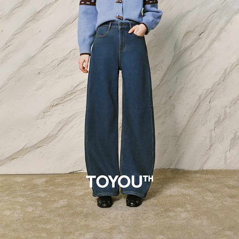 TOYOUTH Women Jeans 2026 Winter New Vintage Blue Fleece Lined Warm Deconstructed Seam Curved Pants
