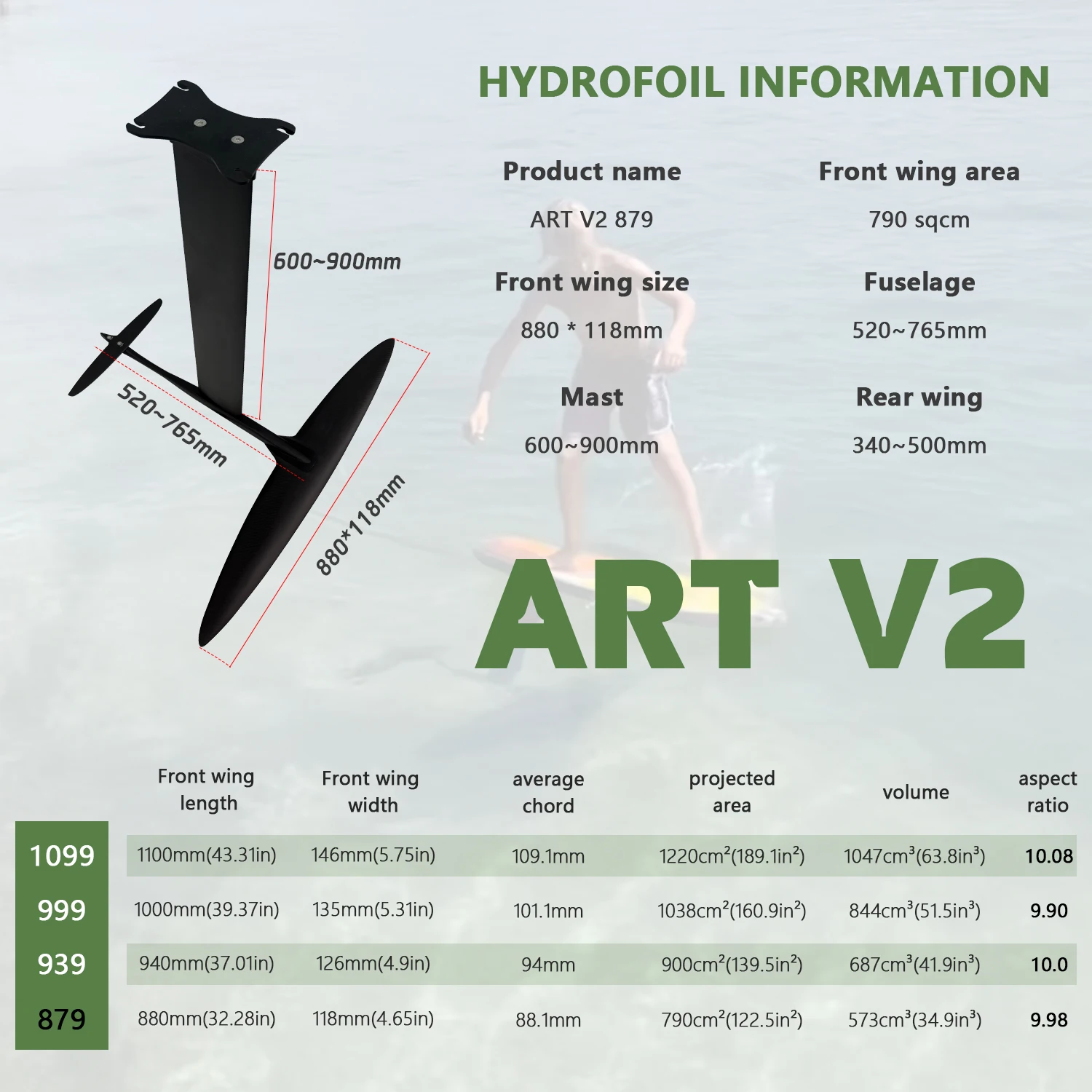 Lightweight Carbon Foil Wing ART V2 879 Hydrofoil High Aspect Design Surfing SUP Pump Easy Setup Travel-Friendly Hydrofoil Wing