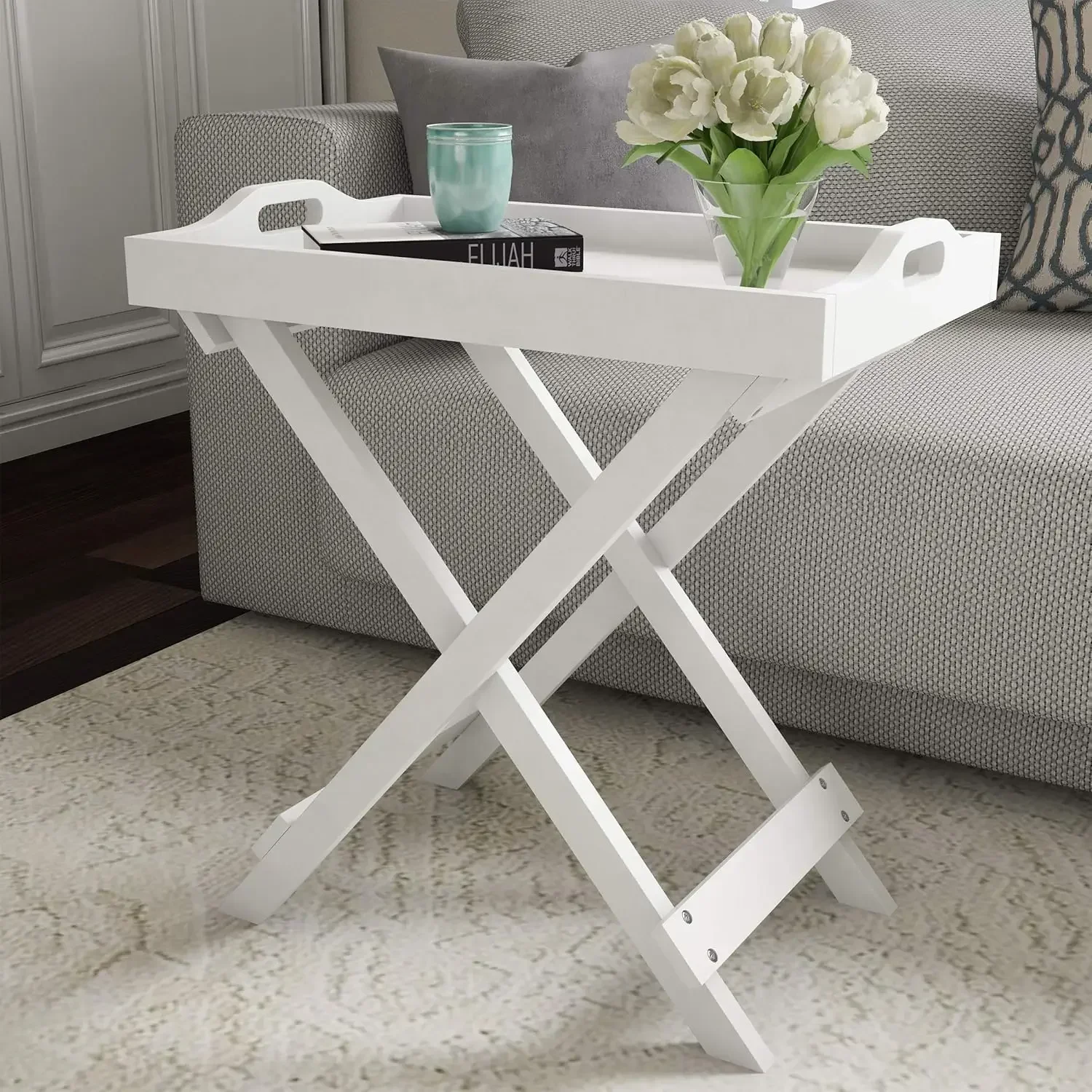 Folding End Table - Wooden Stand with Removable TV Tray for Serving or Décor - Night Stand, Living Room, or Entryway Table