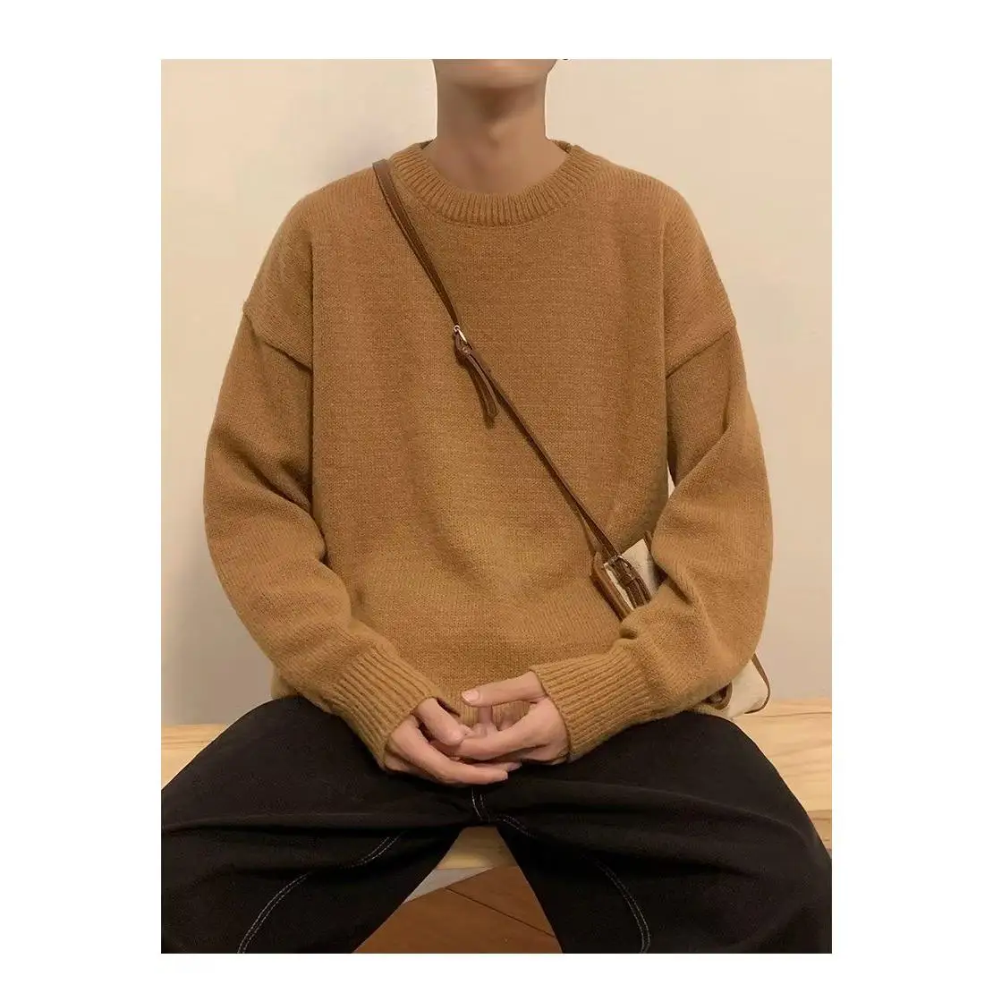 ملابس تريكو رجالية من Laid-ba Sle مستديرة Ne Base irt فضفاضة تناسب الزوجين من ألياف البوليستر الناعمة الشتوية غير الرسمية #4