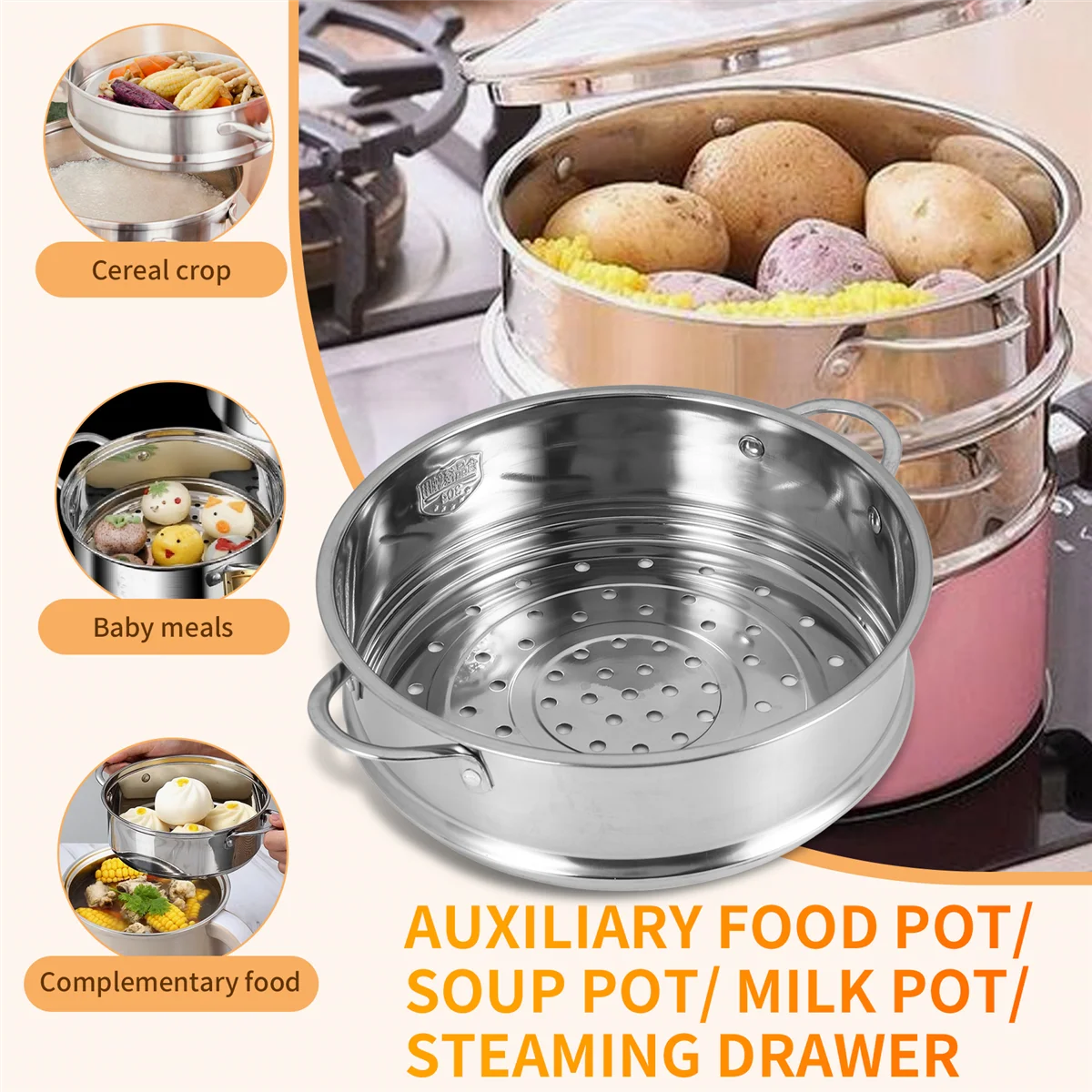 BABQ 20cm Thickening Food Steam Rack Stainless Steel Steamer with Double Ear for Soup Pot Milk Pot Kitchen Tools
