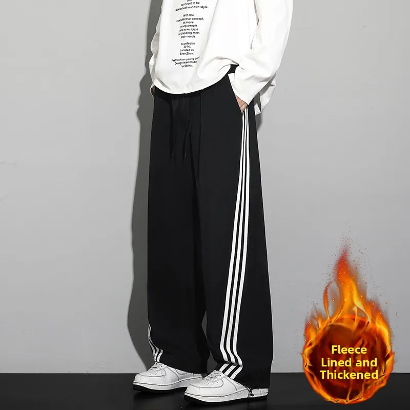 

Мужские свободные повседневные широкие спортивные брюки на флисовой подкладке, осенне-зимние, прямого кроя, с эластичной резинкой на талии, молодежный дизайн с полосками