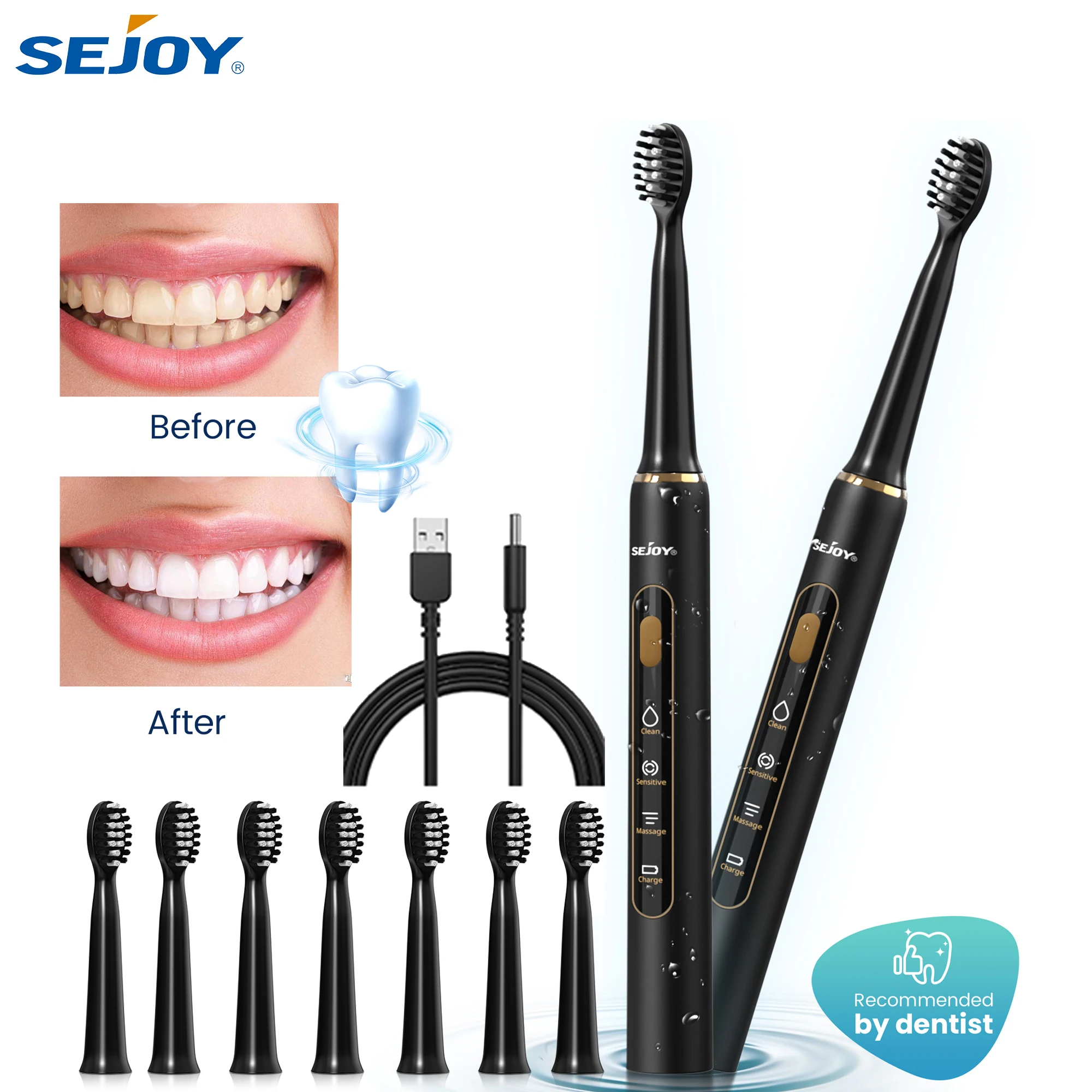 

Электрическая зубная щетка Sejoy Sonic, перезаряжаемая умная зубная щетка с 7 насадками, таймер на 2 минуты, 3 режима чистоты, портативный уход за зубами