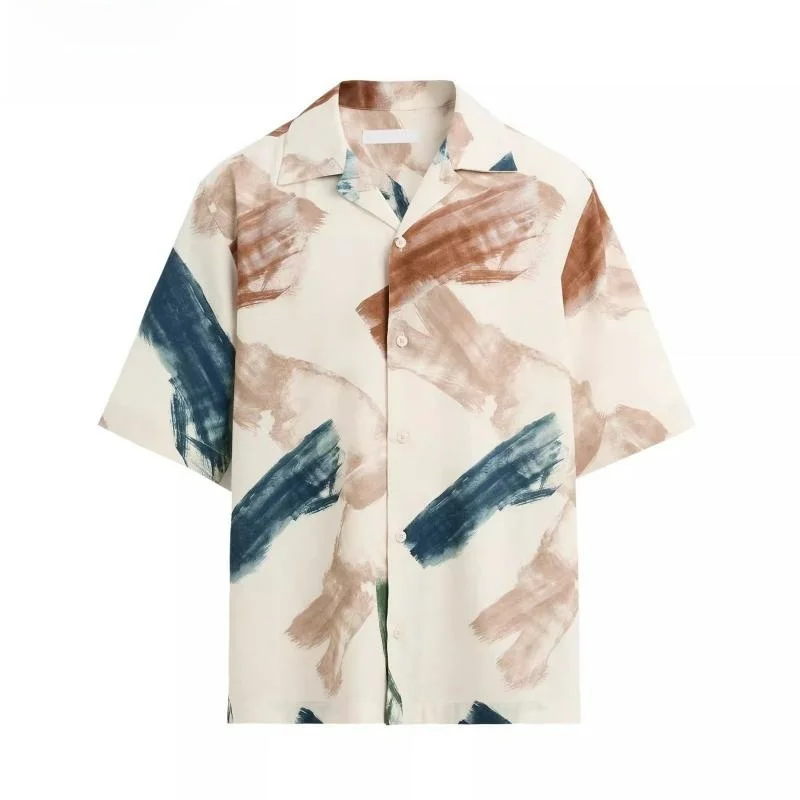 

Spring New Loose Comfortable Casual ort Sve irt for Men Abstract Print Youth Faion Summer Regular Thin Button C...