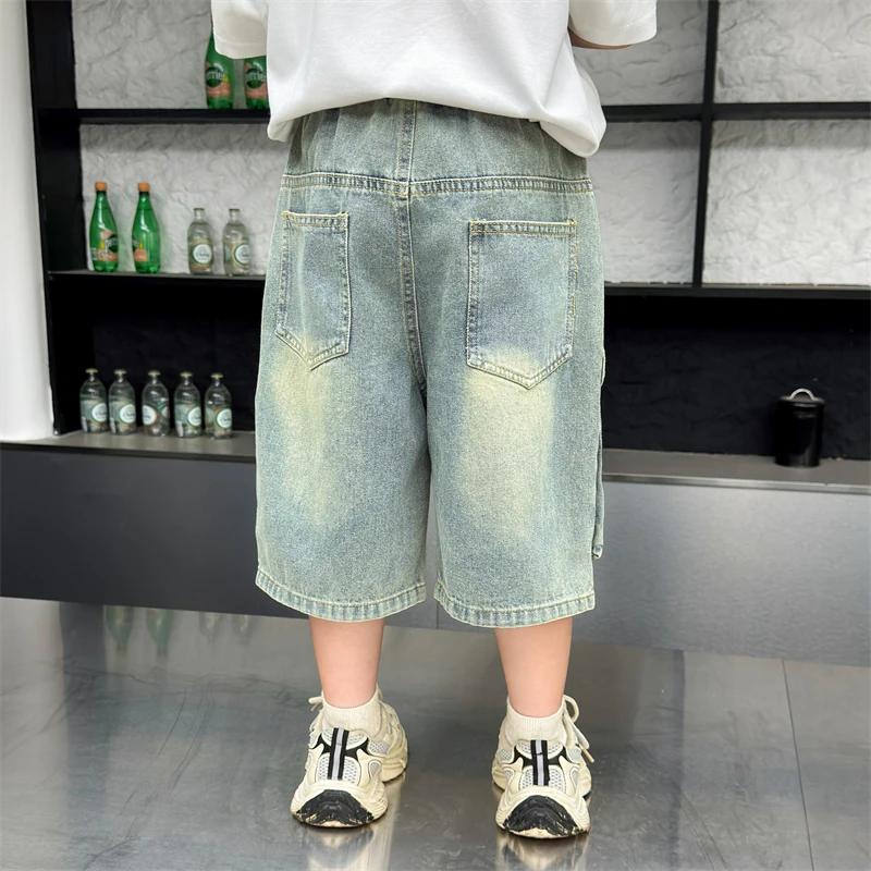 New Summer Kids Loose Cargo Jeans Capris Pants for Teenage Boys Casual Mid-Calf Denim Shorts with Pocket for Tweens Child 3-14Y