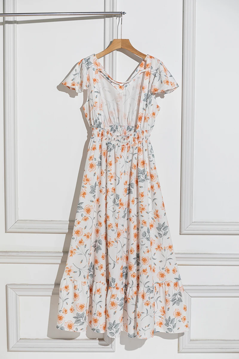 2025 Holiday Bohemian Floral Print Dress Women Summer Short Sleeve V-Neck Drawstring Waist Ruffle Long Dress Boho Beach Vestidos