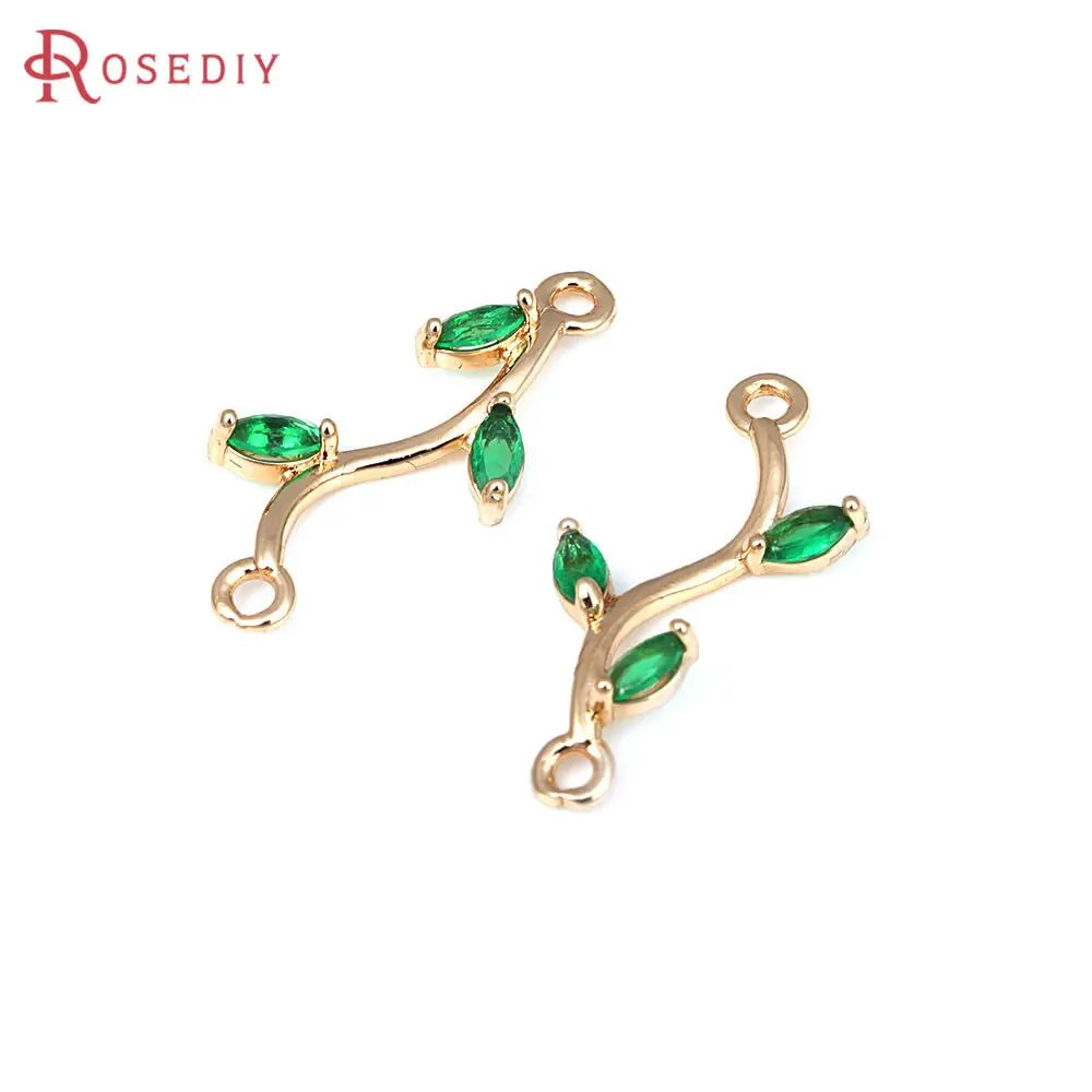 10PCS 18K Gold Color Brass and Zircon 2 Holes Tree Leaf Connect Charms Pendants Jewelry Making Earrings Accessories for Women