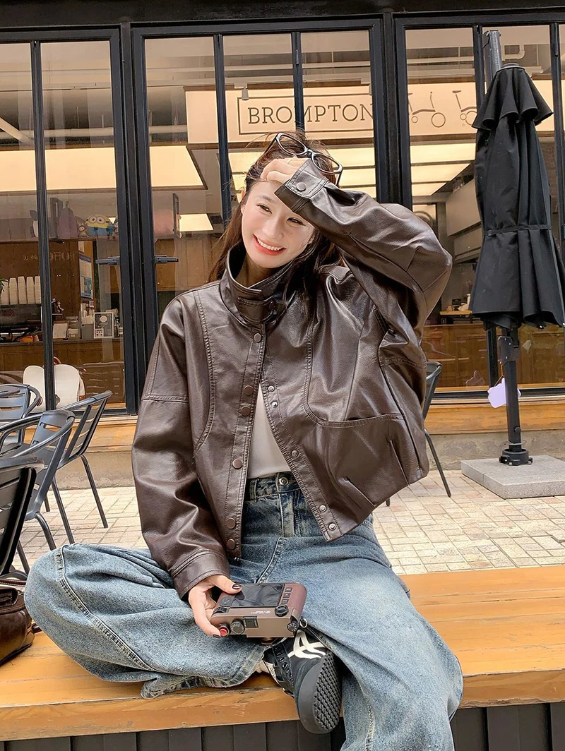 Women Faux Leather Jacket Stand Collar Snap Button Coat Oversized Drop Shoulder Bomber Y2K Retro Streetwear Autumn Outerwear Top