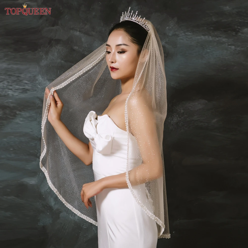 

TOPQUEEN V143 Champagne Wedding Veil Golden Bridal Veils with Crystals Beaded Edge 1 Tier Glitter Tulle Fingertip Veil Sparkly