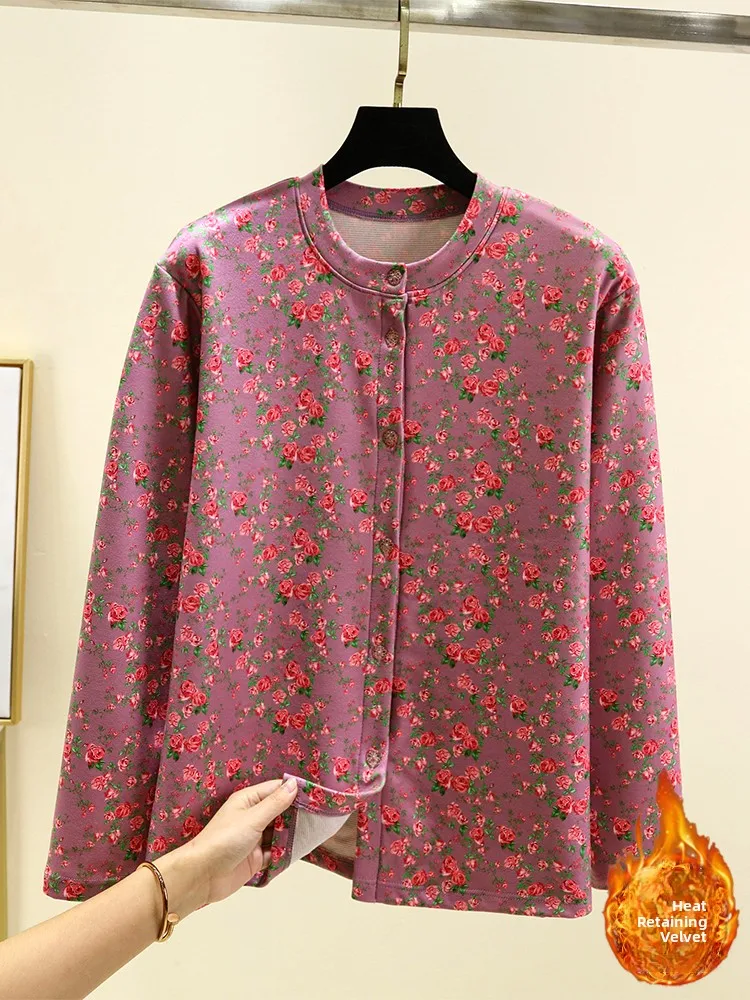 Warm Fleece Lined Oversized German Velvet Coat Women Winter Thickened round Neck Floral Open Cardigan Large Size Sleepwear Ca...