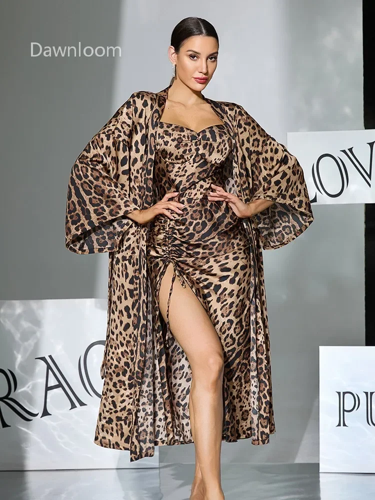 

Dawnloom Women's Leopard Print Satin Two-Piece Set with Drawstring Slip Dress And Robe Sexy Wild Luxury Home Loungewear