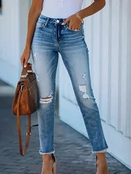 2024 Summer new ripped jeans Women's Light color high waist high elasticity washed comfortable casual jeans