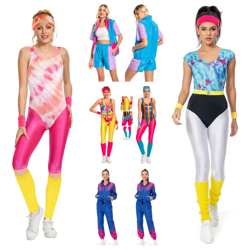 6Pcs/Set Women Retro 80s 90s Legging Cosplay Costume Women Sportwear Jumpsuit Headband Outfits Halloween Carnival Party Clothes