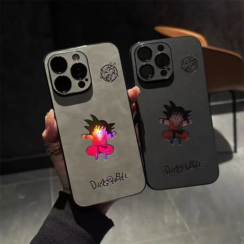 Niedliche Anime Dragon Ball Laser Handyhülle für iPhone 11, 12, 13, 14, 15, 16 Pro Max Plus Cartoon Son Goku Prägung Lederhülle