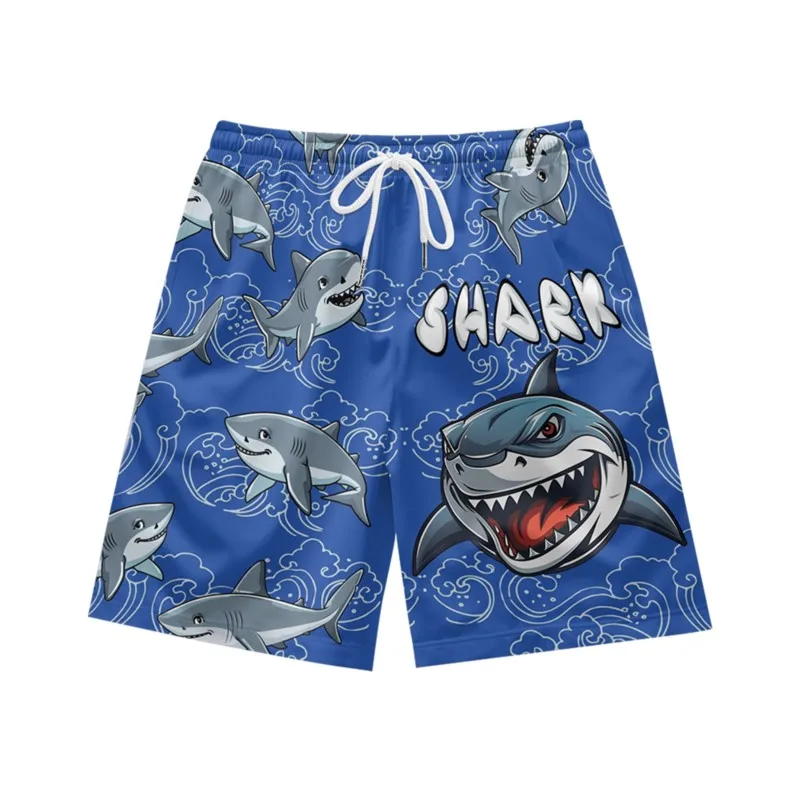 Cartoon shark pattern daily fashion temperament trend casual loose summer men's drawstring sport deep blue shorts