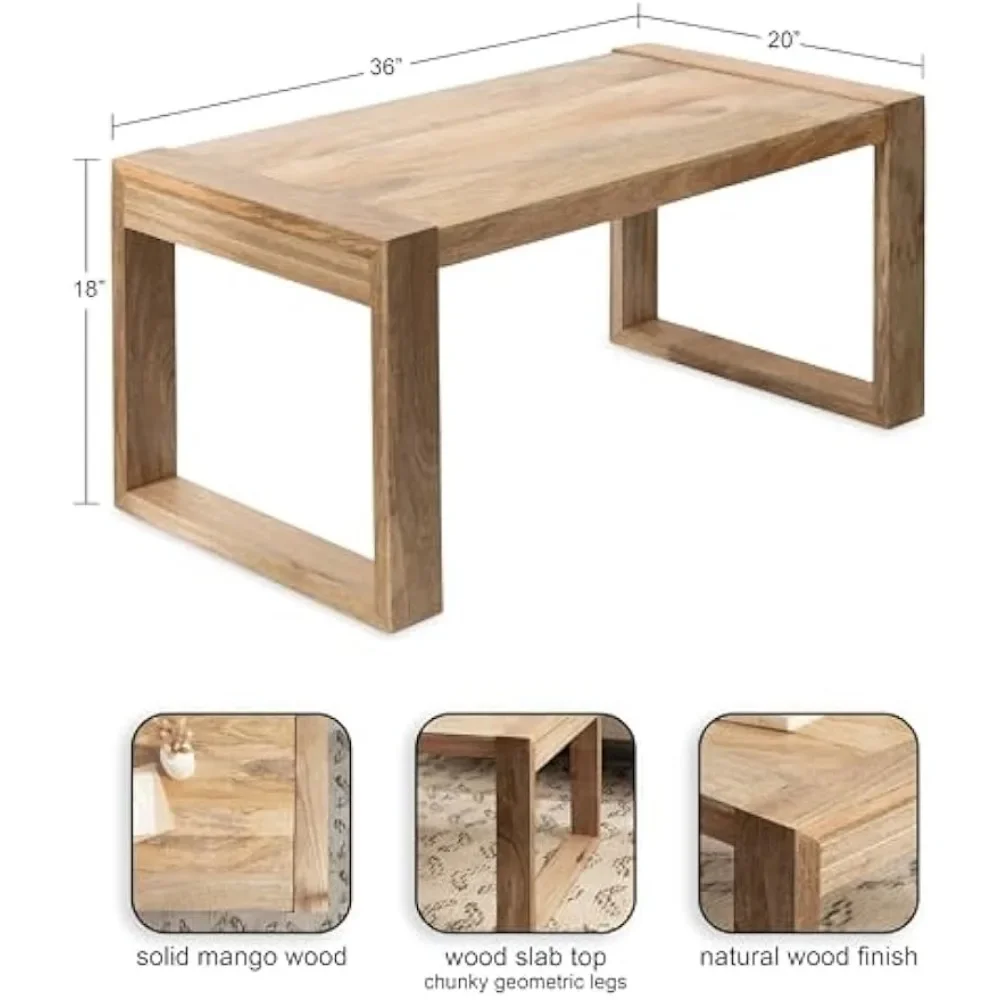 Mesa de centro rectangular geométrica con diseño de madera de Mango macizo grueso y parte superior de losa de madera, mesa auxiliar Natural, 36x20x18