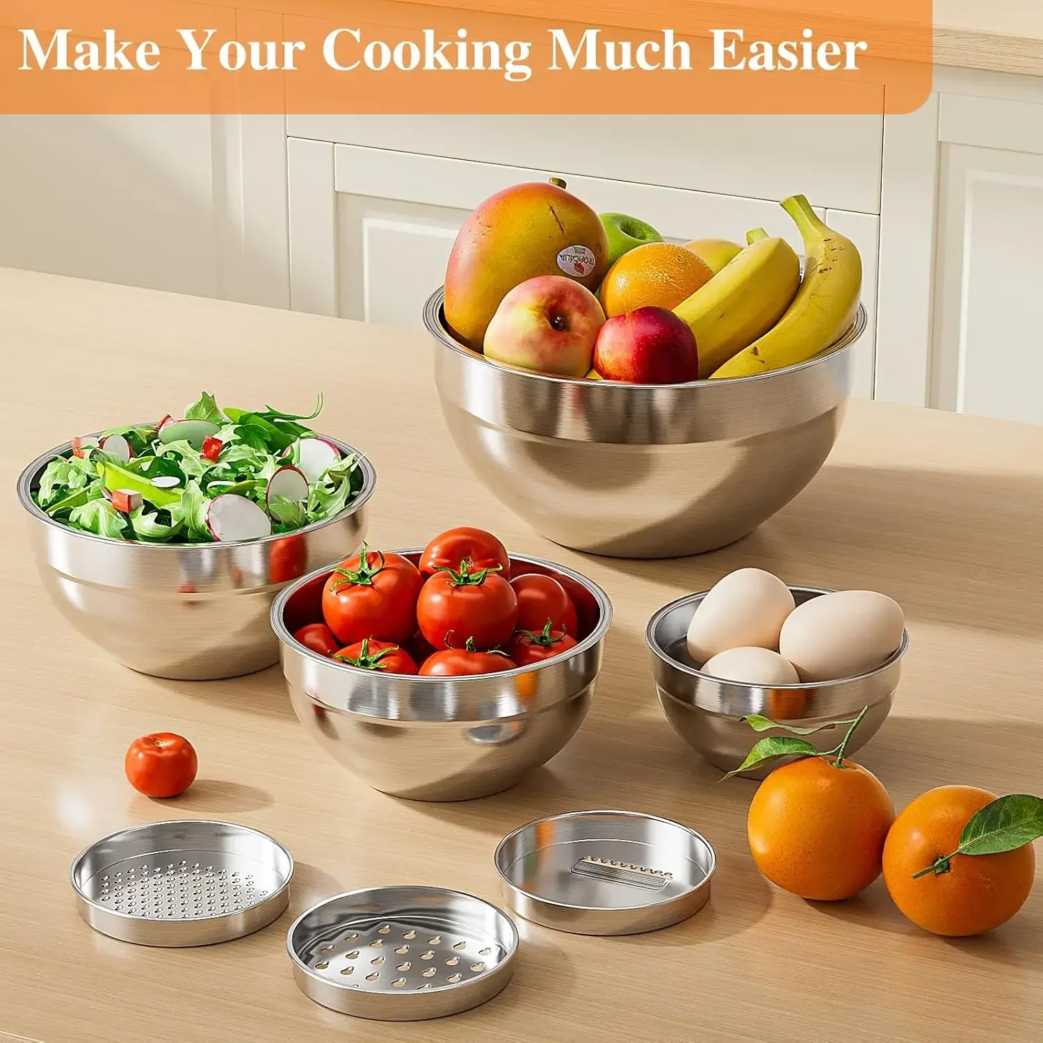 6Pcs Stainless Steel Mixing Bowls Set with Airtight Lids 3 Graters Nesting Food Storage Salad Bowl for Kitchen Baking Cooking Prep Space-Saving Tableware Accessories (4.5, 3.5, 2.1, 1.5, 1.1, 0.7 QT)