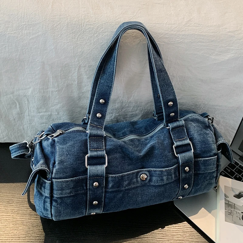 Denim Cylindrical Duffle Bag for Women Casual Rivet Shoulder Handbag Versatile Daily Purse for Commuting Shopping Short Trips