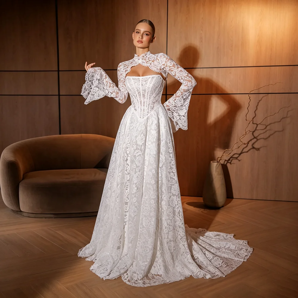 Long Bell Sleeves Strapless Bridal Ballgowns With Train High Neck Lace Bolero Customized Plus Size Ivory Elegant Wedding