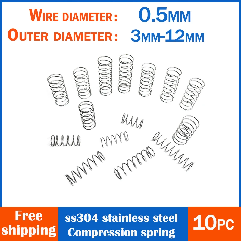 10pc 304 Stainless steel Compression Spring Wire Diameter 0.5,Return Spring,Outer Diameter3-10mm Spiral spring Mini Spring