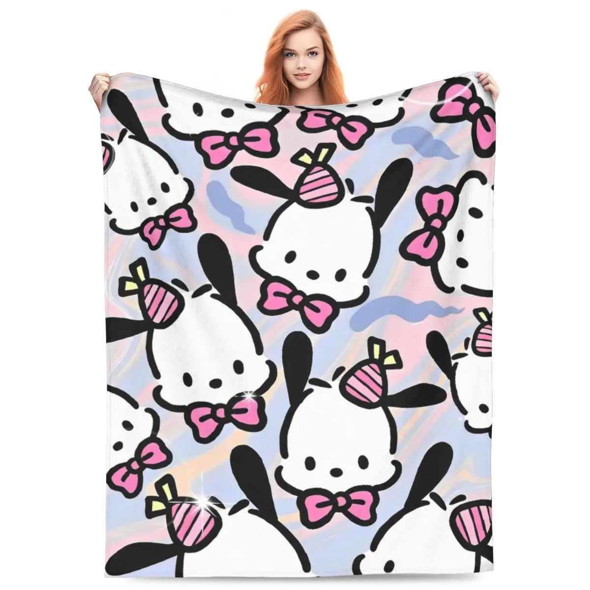 Pochacco Miniso beautiful hairpin Bows Flannel Blanket Soft Bedding Throws for Couch Chair Camping Bedspread Sofa Bed Cover