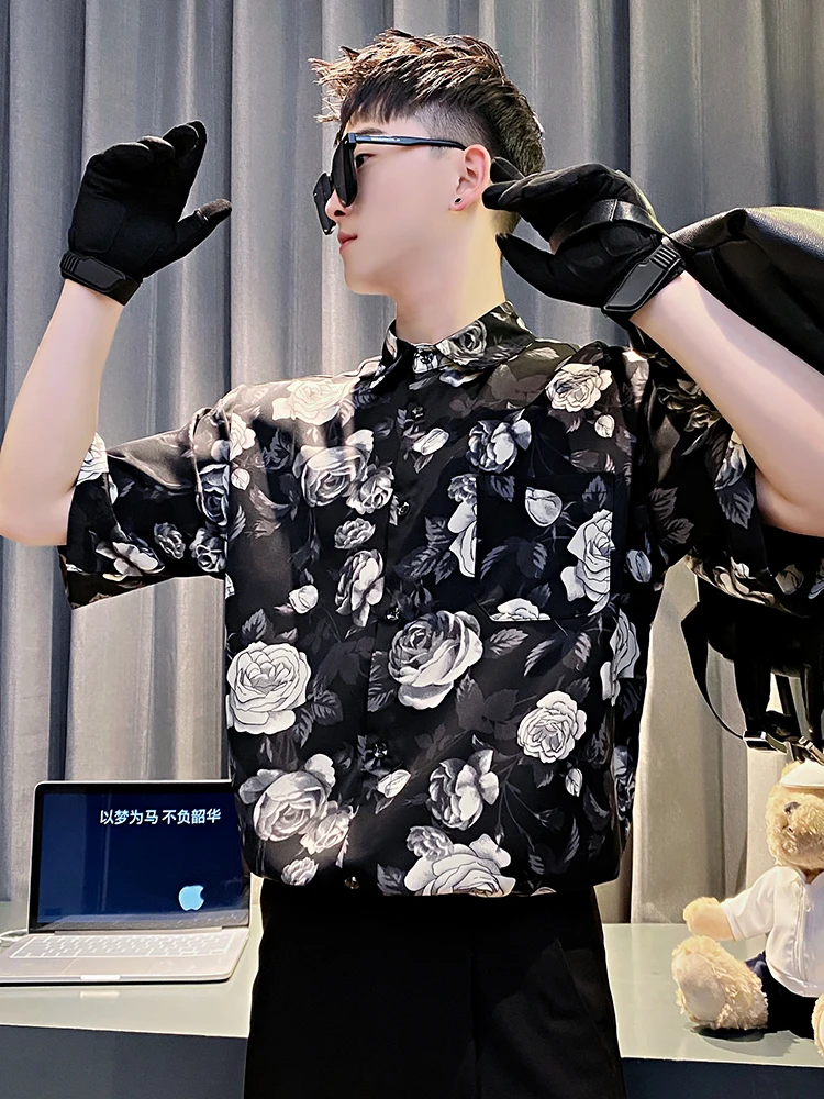 Fashion 2024 Summer Irregular Retro Flower Shirts Short Sleeve Single Row Multi-Buckle Trendy Male Shirt Men's High-End Tops