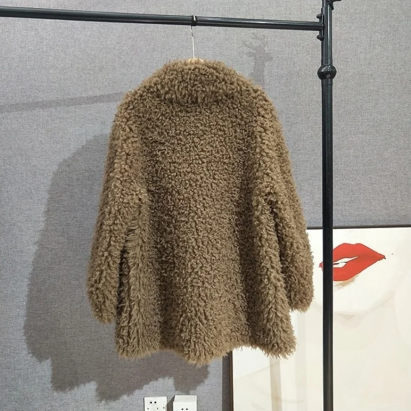 JT529 Women Wool Fur Jacket Mid-Length Double-Breasted Lapel Thickened Coat