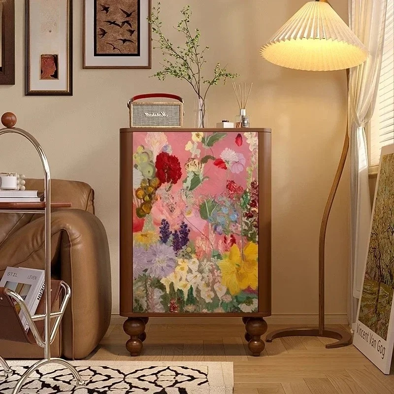 French modern abstract flower solid wood three-bucket cabinet household integrated wall side cabinetSSS