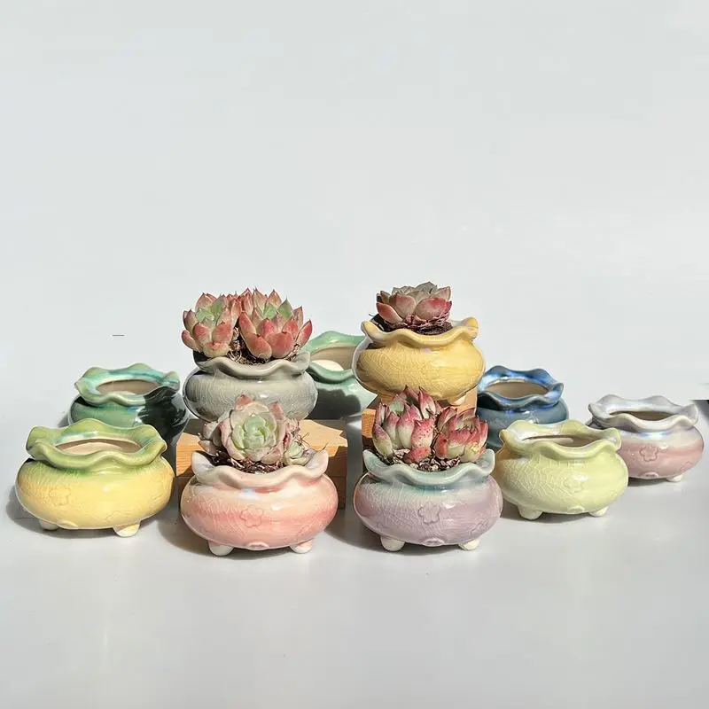 Succulent Flowerpot with Ice Cracking Rainbow Color, Fresh and Cute Girl, Flowing Glaze, Opening Gradient Succulent Flowerpot