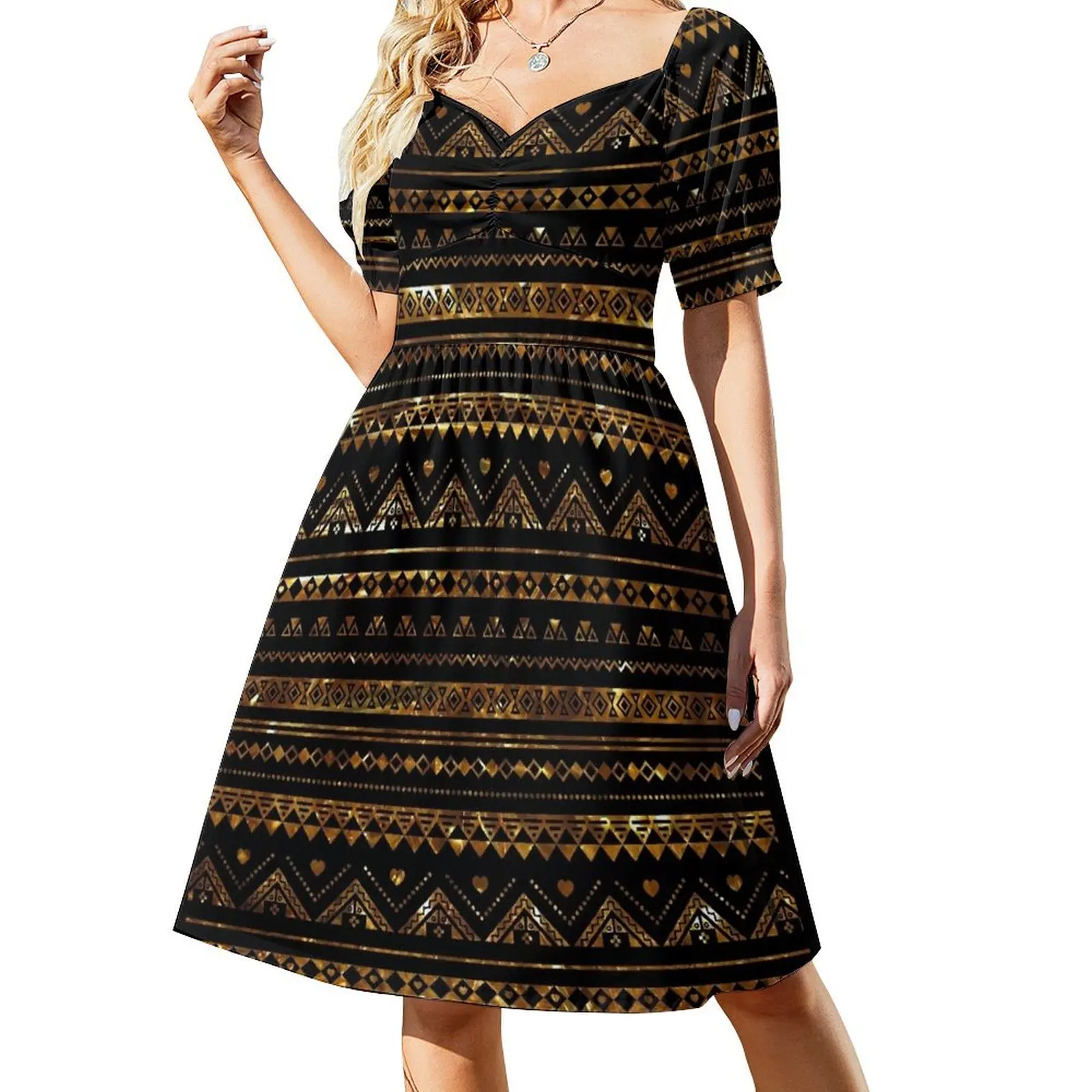 

Aztec Black Tinsel Gold Short Sleeved Dress birthday dresses for women clothes Dress