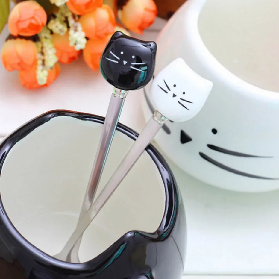 Cute Cat Stainless Steel Cat Head Ceramic Scoop Mixing Teaspoon Elegant Coffee Spoons European Style Café Accesorios 1PC