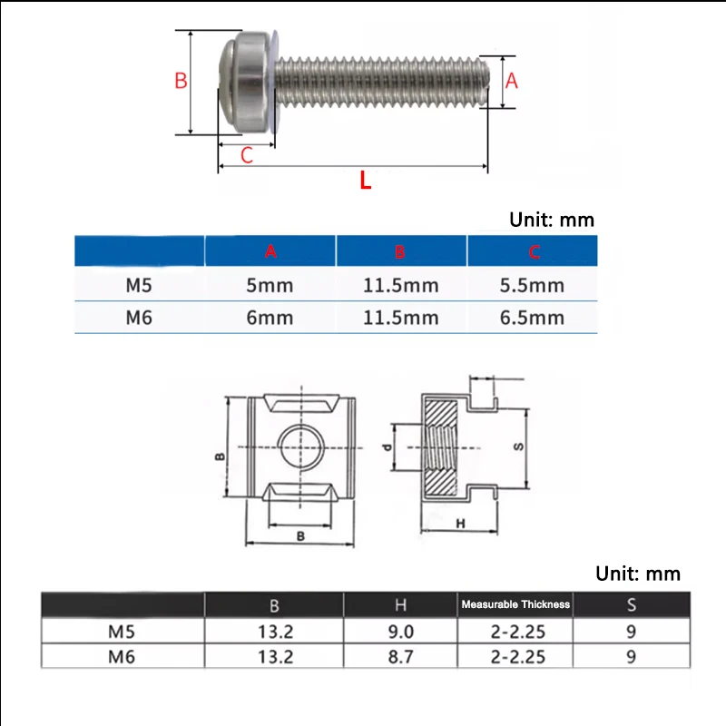 5 Pack 304 Stainless Steel of M5 M6 Cage Nuts Washers Screws Data Network Rack Cabinet Mount PDU