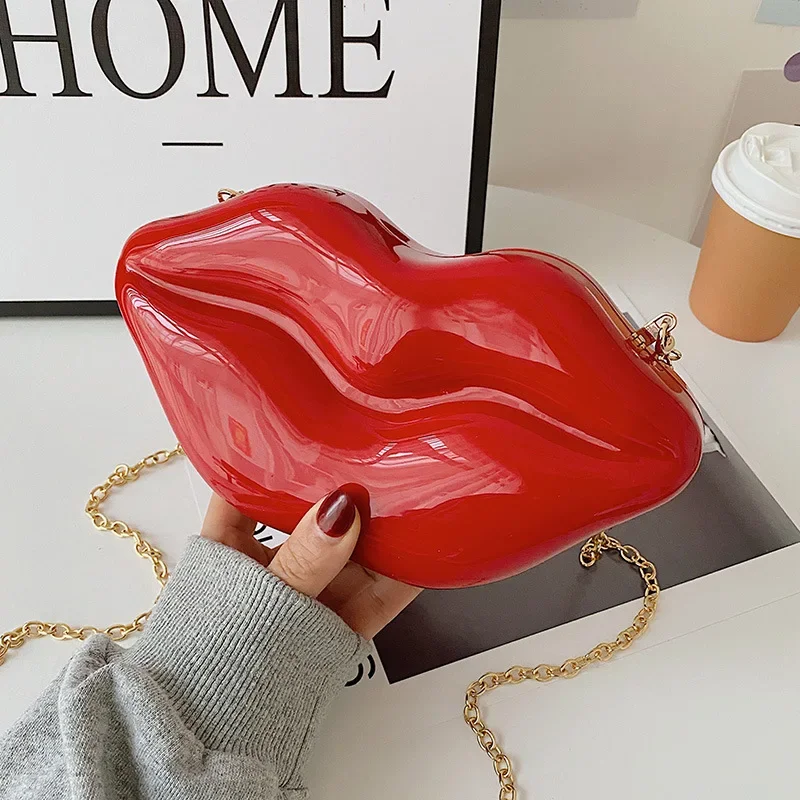 

Women Gold Lips Clutch Bag High Quality Ladies Acrylic Chain Shoulder Bag Bolsa Evening Bag Lips Shape Purse